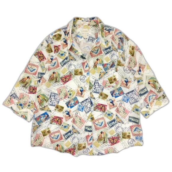 CHICOS No Iron Linen Stamps Shirt Button Up Blouse Resort Coastal Novelty Print - Picture 1 of 8